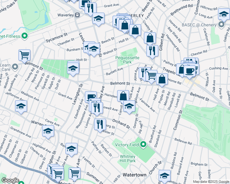 map of restaurants, bars, coffee shops, grocery stores, and more near 73 Hovey Street in Watertown