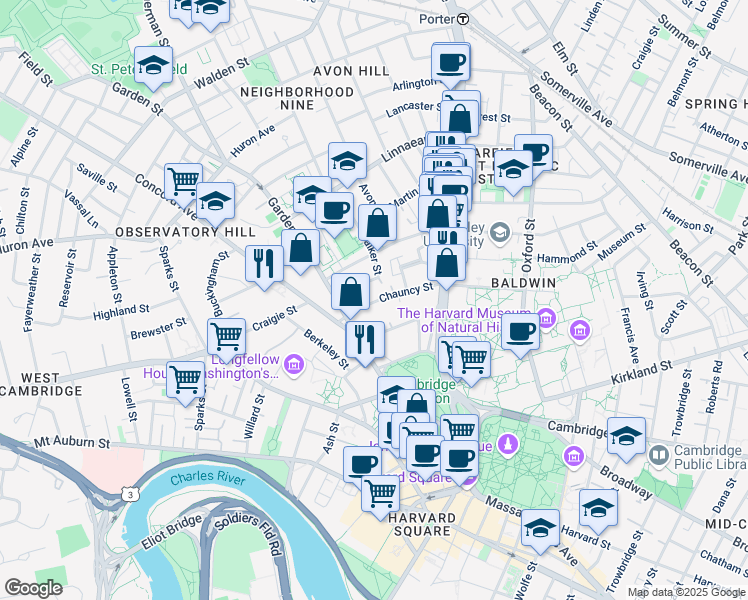 map of restaurants, bars, coffee shops, grocery stores, and more near 16 Chauncy Street in Cambridge