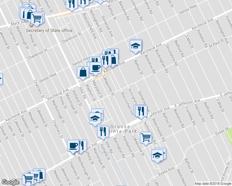 map of restaurants, bars, coffee shops, grocery stores, and more near 15216 Saint Paul Street in Grosse Pointe Park