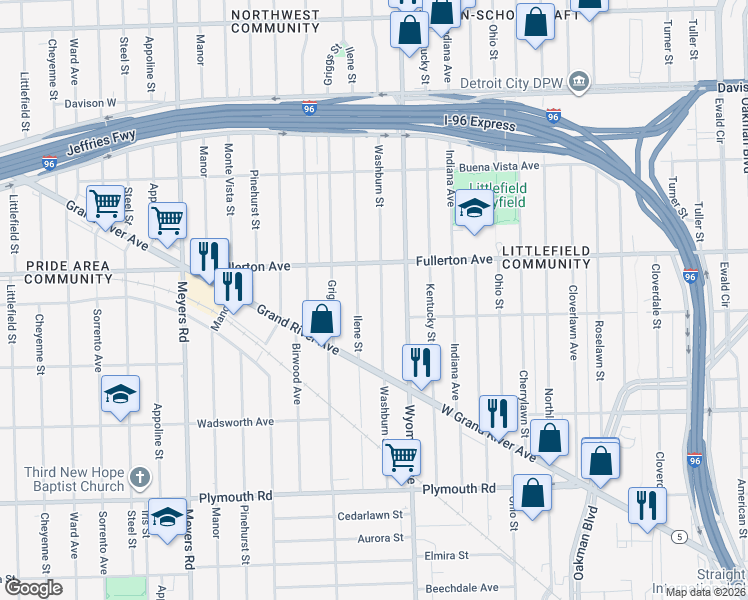 map of restaurants, bars, coffee shops, grocery stores, and more near 12265 Washburn Street in Detroit