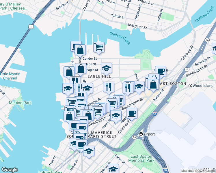 map of restaurants, bars, coffee shops, grocery stores, and more near 166 Brooks Street in Boston