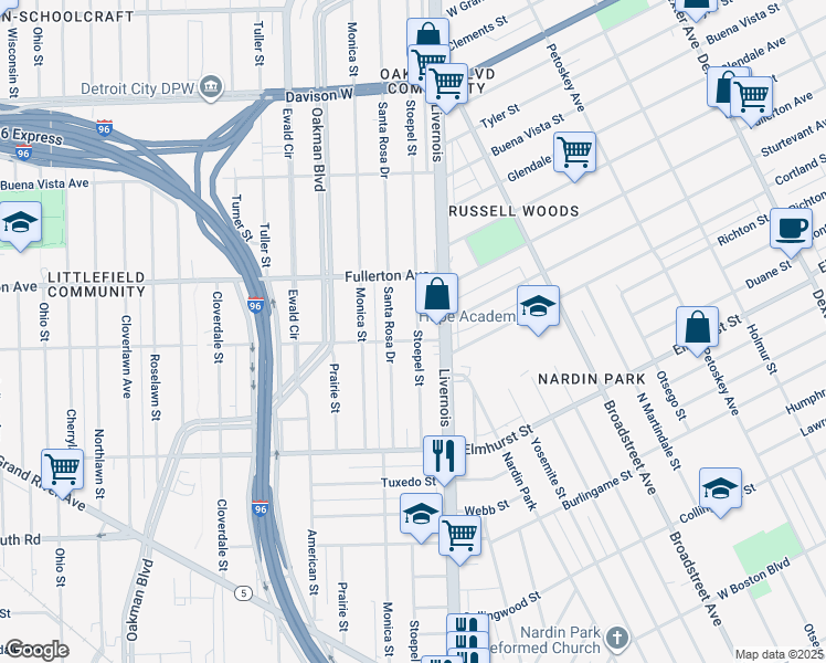 map of restaurants, bars, coffee shops, grocery stores, and more near 12309 Stoepel Street in Detroit