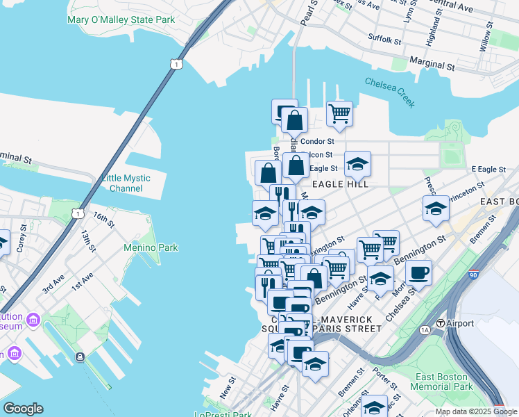 map of restaurants, bars, coffee shops, grocery stores, and more near 362 Border Street in Boston