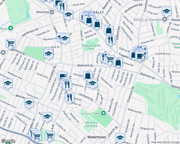 map of restaurants, bars, coffee shops, grocery stores, and more near 81 Carroll Street in Watertown