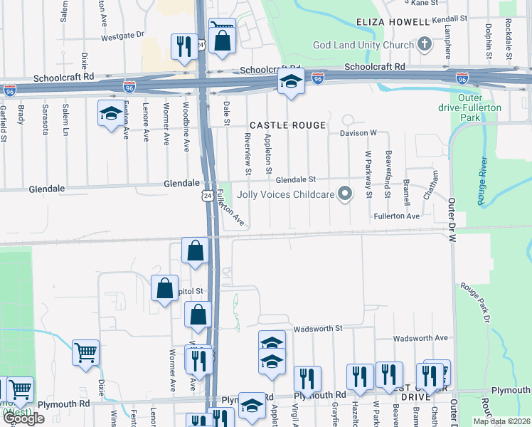 map of restaurants, bars, coffee shops, grocery stores, and more near 12645 Appleton Street in Detroit
