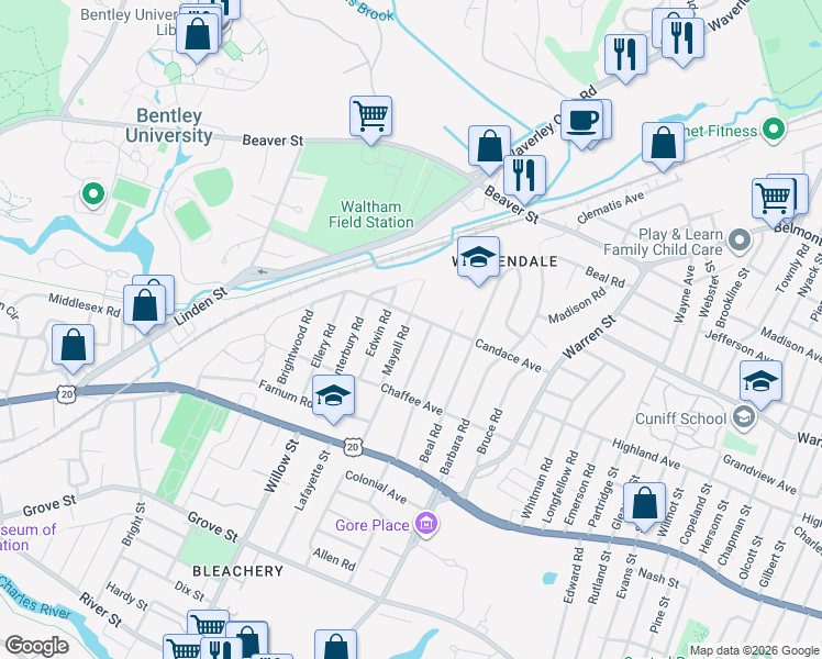 map of restaurants, bars, coffee shops, grocery stores, and more near 55 Mayall Road in Waltham