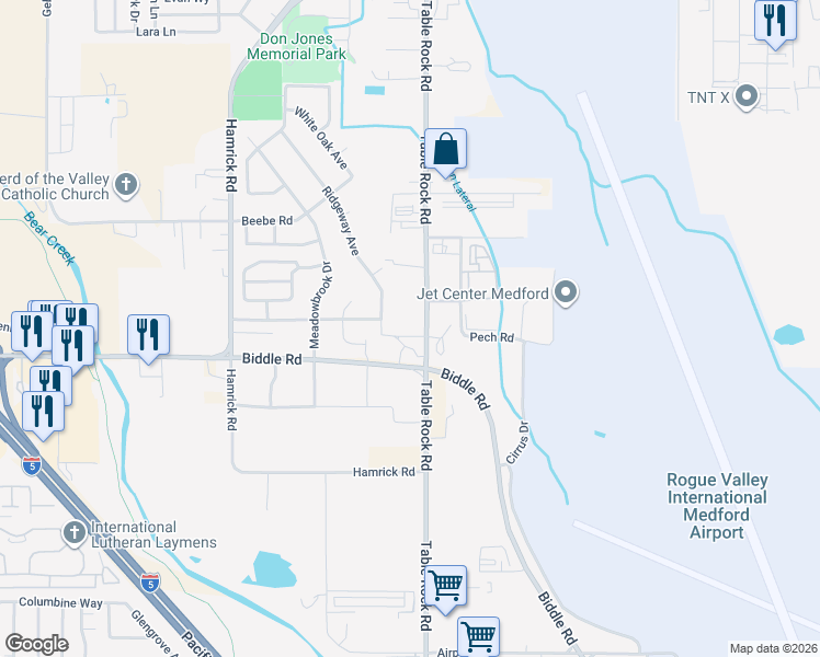 map of restaurants, bars, coffee shops, grocery stores, and more near 4297 Table Rock Rd in Central Point