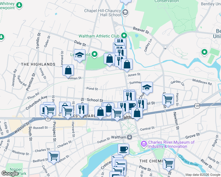 map of restaurants, bars, coffee shops, grocery stores, and more near 49 Pond Street in Waltham