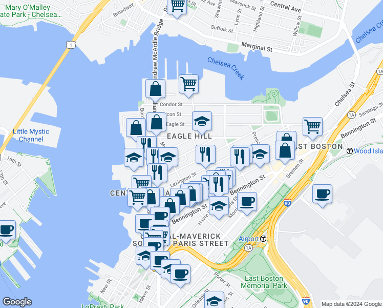 map of restaurants, bars, coffee shops, grocery stores, and more near 79 Eutaw Street in Boston