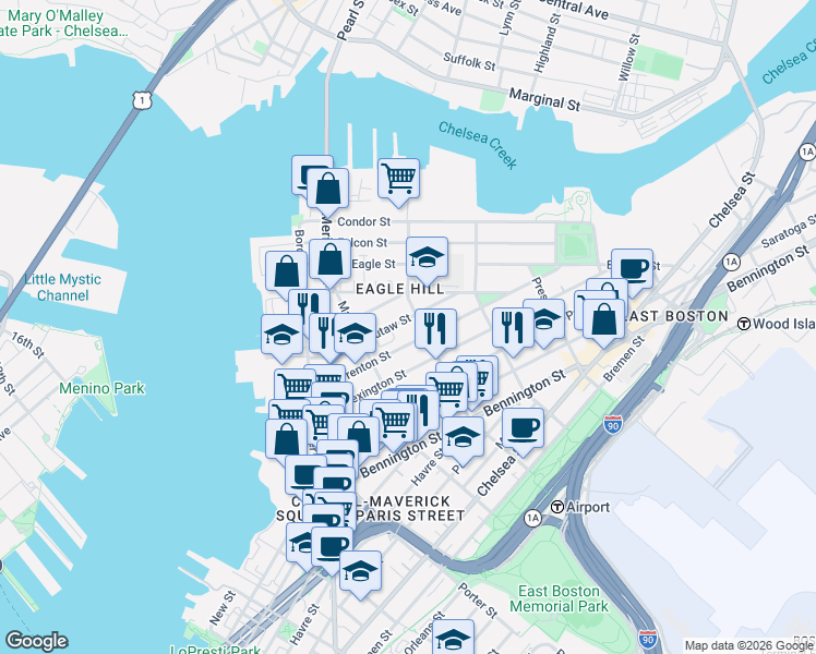 map of restaurants, bars, coffee shops, grocery stores, and more near 166 Brooks Street in Boston