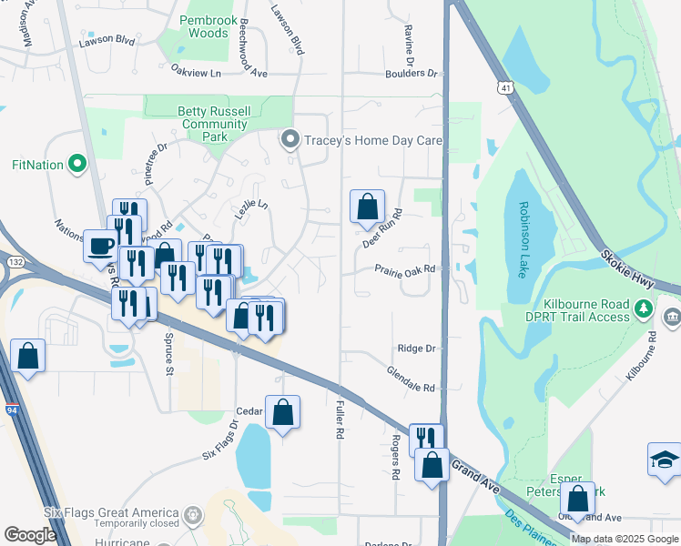 map of restaurants, bars, coffee shops, grocery stores, and more near 822 North Fuller Road in Gurnee