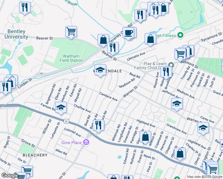 map of restaurants, bars, coffee shops, grocery stores, and more near 5 Cleveland Road in Waltham