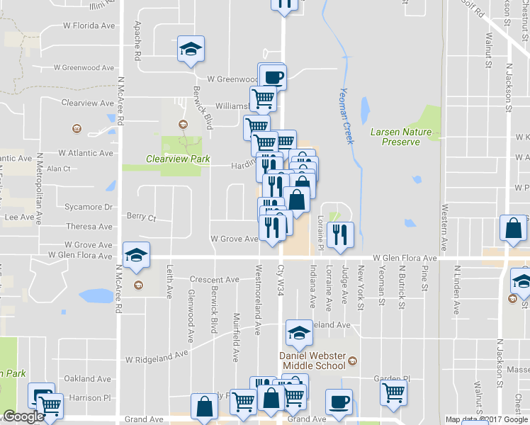 map of restaurants, bars, coffee shops, grocery stores, and more near 1405 Westmoreland Avenue in Waukegan