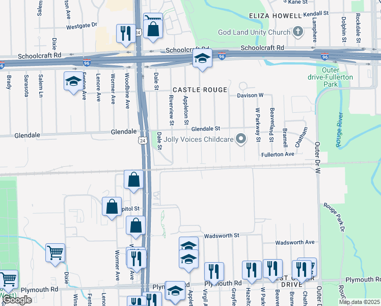 map of restaurants, bars, coffee shops, grocery stores, and more near 12644 Appleton Street in Detroit
