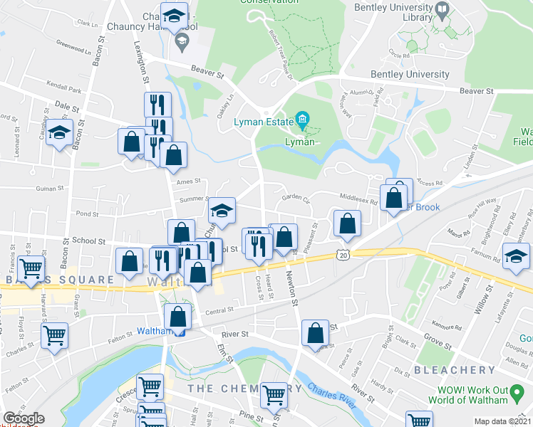 map of restaurants, bars, coffee shops, grocery stores, and more near 67 Lyman Street in Waltham