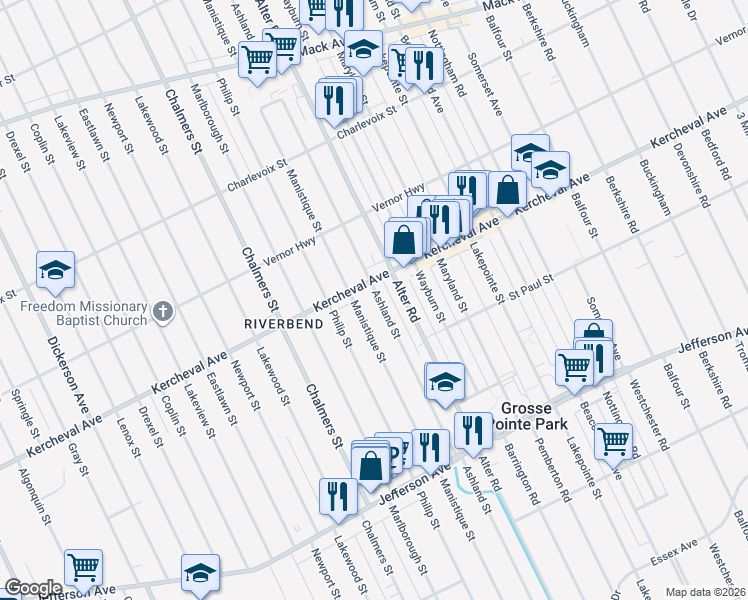 map of restaurants, bars, coffee shops, grocery stores, and more near 1405 Ashland Street in Detroit
