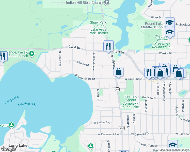 map of restaurants, bars, coffee shops, grocery stores, and more near 24644 West Lake Shore Drive in Round Lake