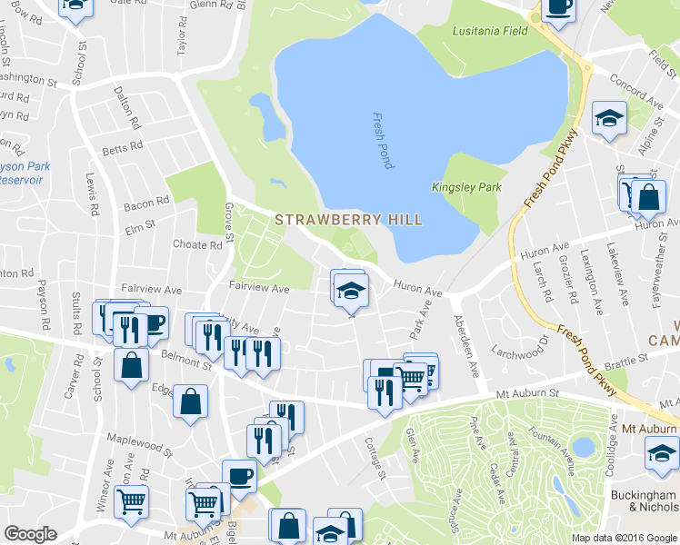 map of restaurants, bars, coffee shops, grocery stores, and more near 174 Cushing St in Mid-Cambridge