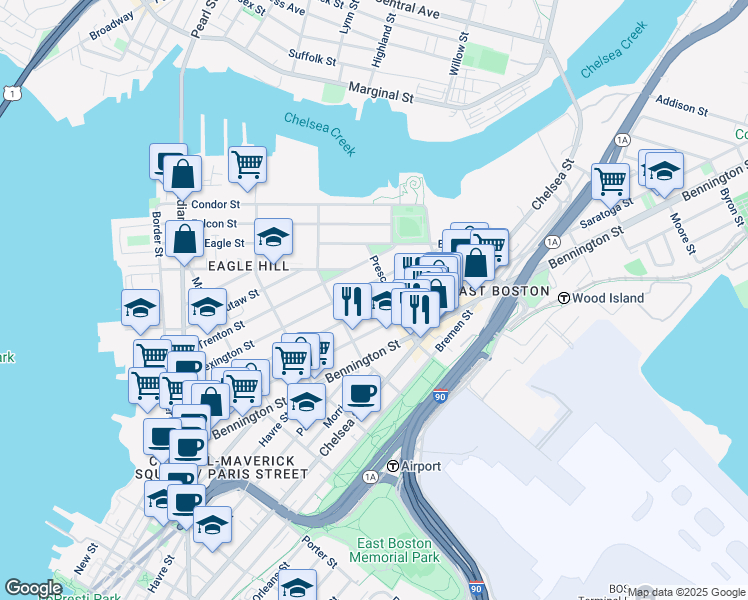 map of restaurants, bars, coffee shops, grocery stores, and more near 242 Princeton Street in Boston