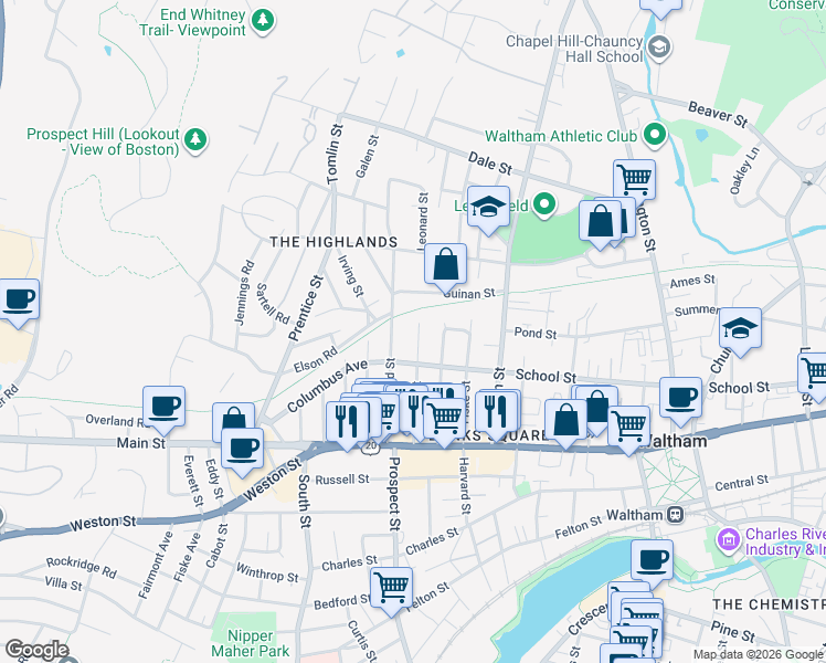 map of restaurants, bars, coffee shops, grocery stores, and more near 91 Francis Street in Waltham