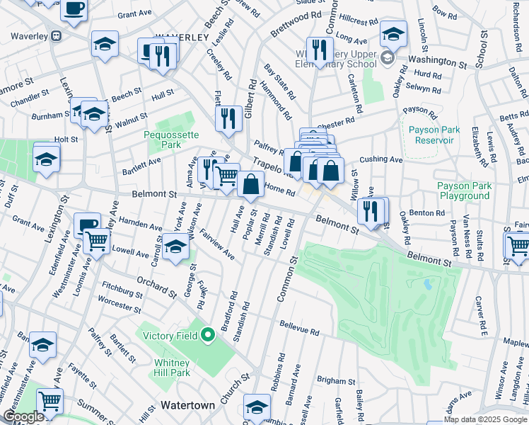 map of restaurants, bars, coffee shops, grocery stores, and more near 9 Merrill Road in Watertown
