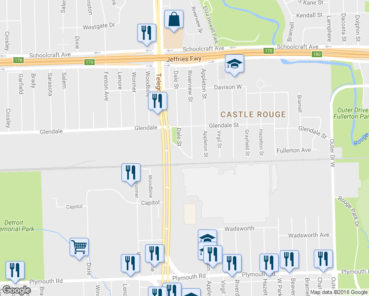 map of restaurants, bars, coffee shops, grocery stores, and more near 12698 Dale Street in Detroit