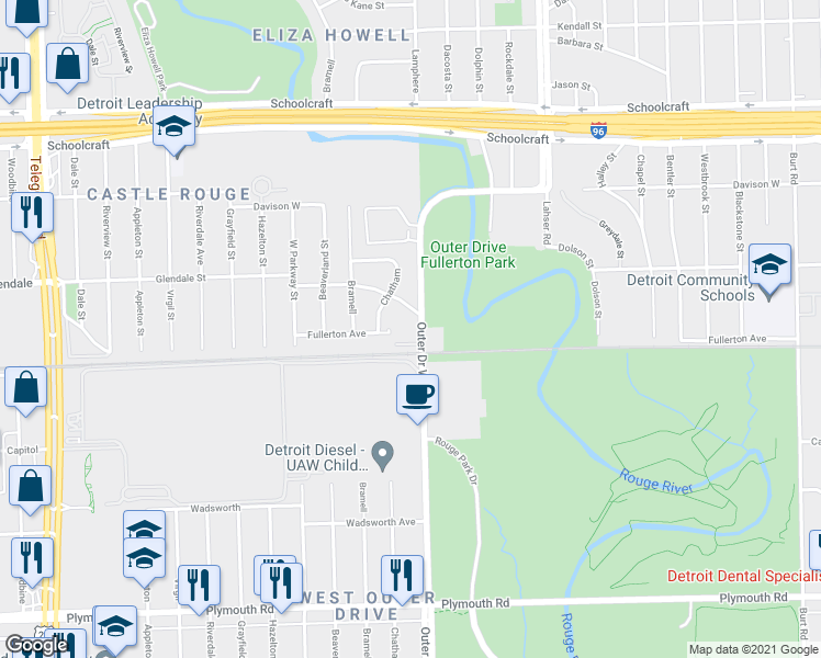 map of restaurants, bars, coffee shops, grocery stores, and more near 13160 Outer Drive West in Detroit