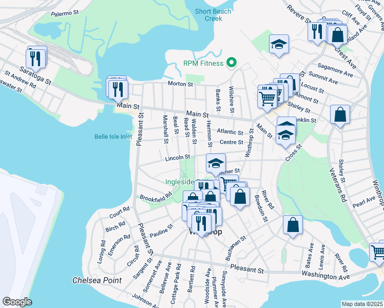 map of restaurants, bars, coffee shops, grocery stores, and more near 128 Lincoln Street in Winthrop