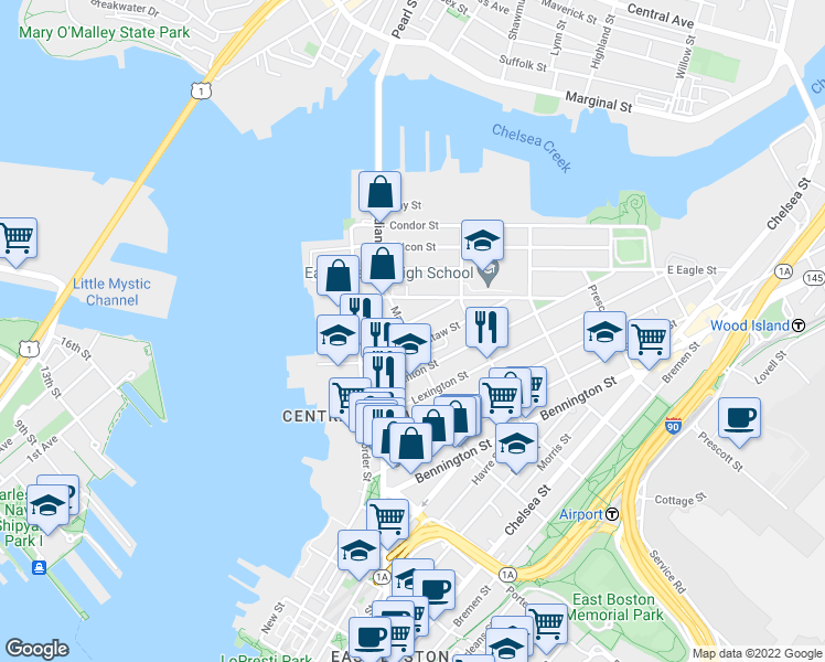 map of restaurants, bars, coffee shops, grocery stores, and more near 38-40 Marion Street in Boston