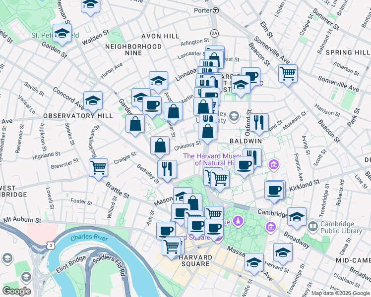 map of restaurants, bars, coffee shops, grocery stores, and more near 2 Chauncy Street in Cambridge