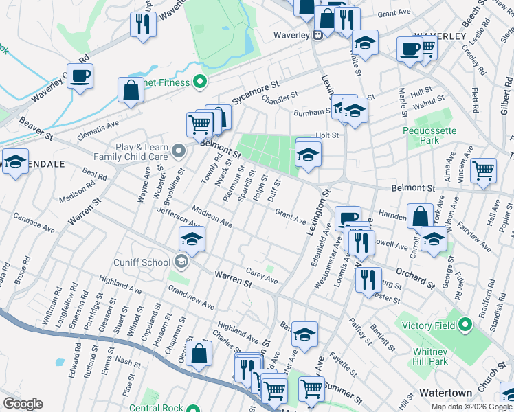 map of restaurants, bars, coffee shops, grocery stores, and more near 52 Ralph Street in Watertown