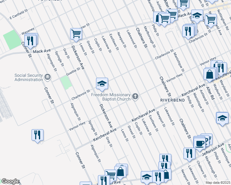 map of restaurants, bars, coffee shops, grocery stores, and more near 2592 Drexel Street in Detroit