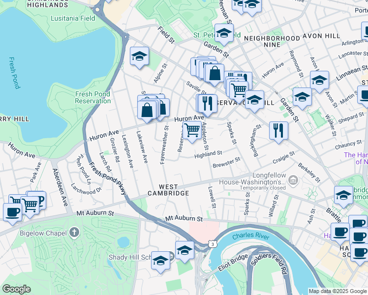 map of restaurants, bars, coffee shops, grocery stores, and more near 30 Reservoir Street in Cambridge