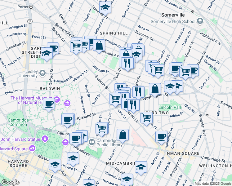 map of restaurants, bars, coffee shops, grocery stores, and more near 161 Beacon Street in Somerville