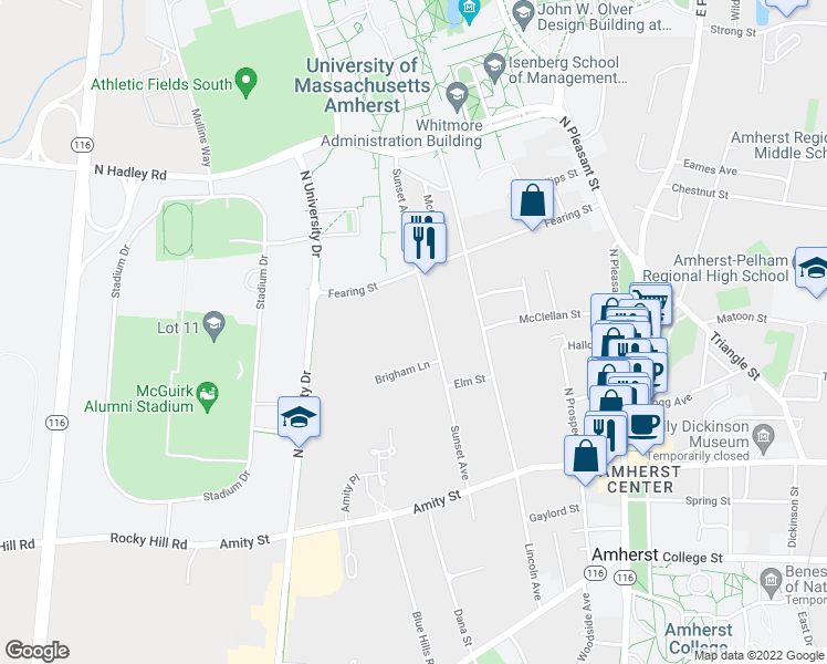 map of restaurants, bars, coffee shops, grocery stores, and more near 138 Sunset Avenue in Amherst