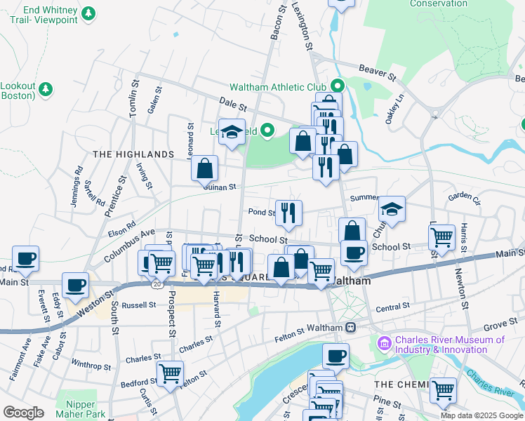 map of restaurants, bars, coffee shops, grocery stores, and more near 109 Pond Street in Waltham