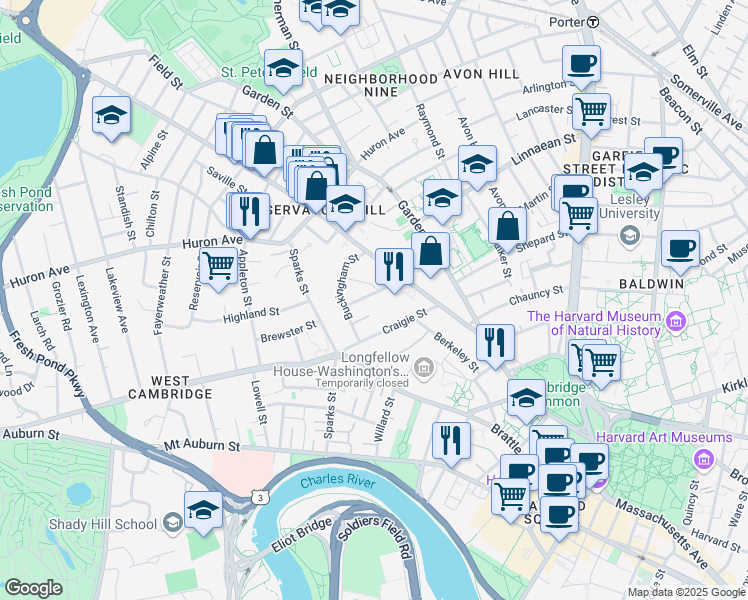 map of restaurants, bars, coffee shops, grocery stores, and more near 42 Parker Street in Cambridge