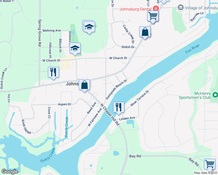 map of restaurants, bars, coffee shops, grocery stores, and more near 3602 West Fairview Avenue in Johnsburg