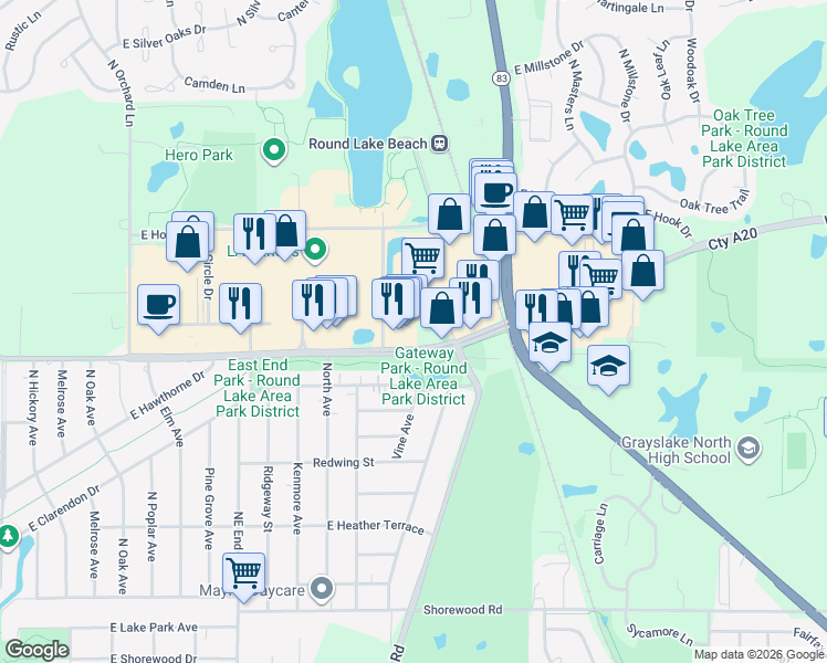map of restaurants, bars, coffee shops, grocery stores, and more near 726 East Rollins Road in Round Lake Beach