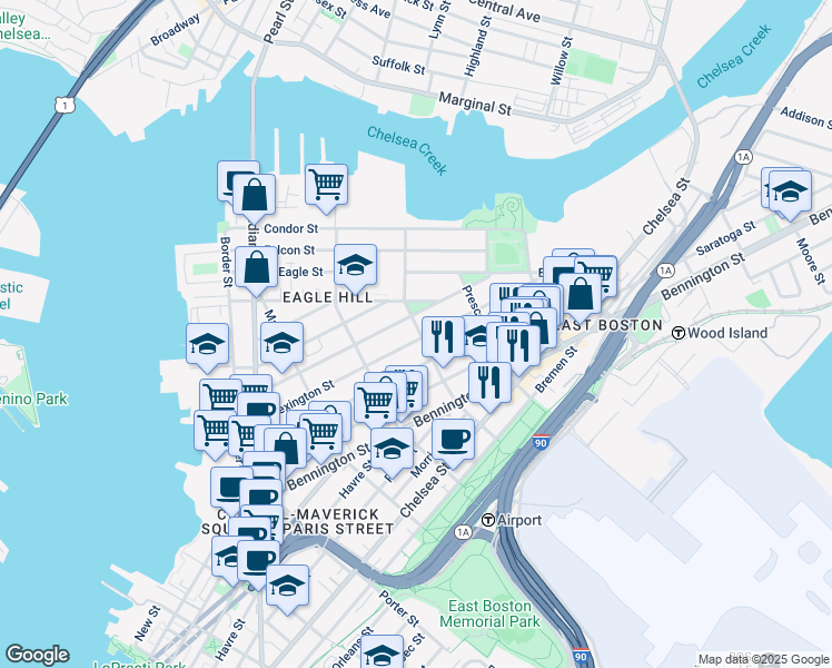 map of restaurants, bars, coffee shops, grocery stores, and more near 199 Lexington Street in Boston