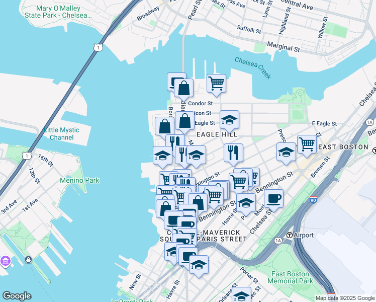 map of restaurants, bars, coffee shops, grocery stores, and more near 13 Monmouth Street in Boston