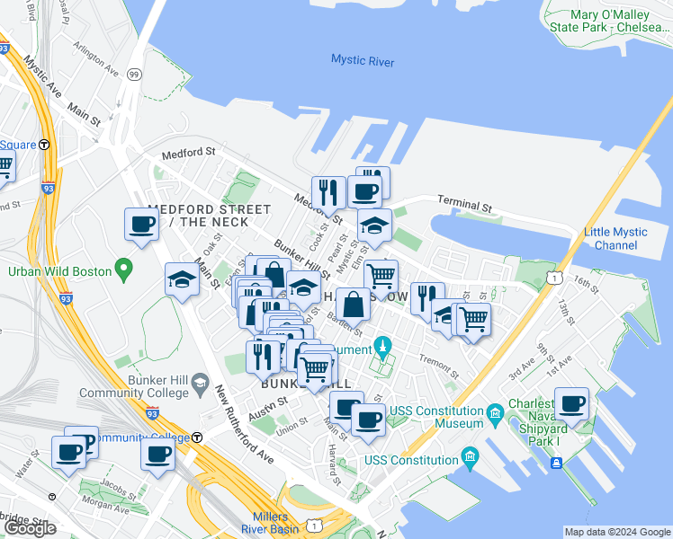 map of restaurants, bars, coffee shops, grocery stores, and more near 86 Elm Street in Boston