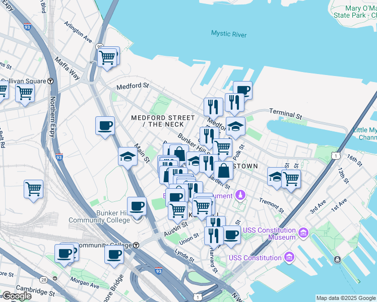 map of restaurants, bars, coffee shops, grocery stores, and more near 30 Russell Street in Boston