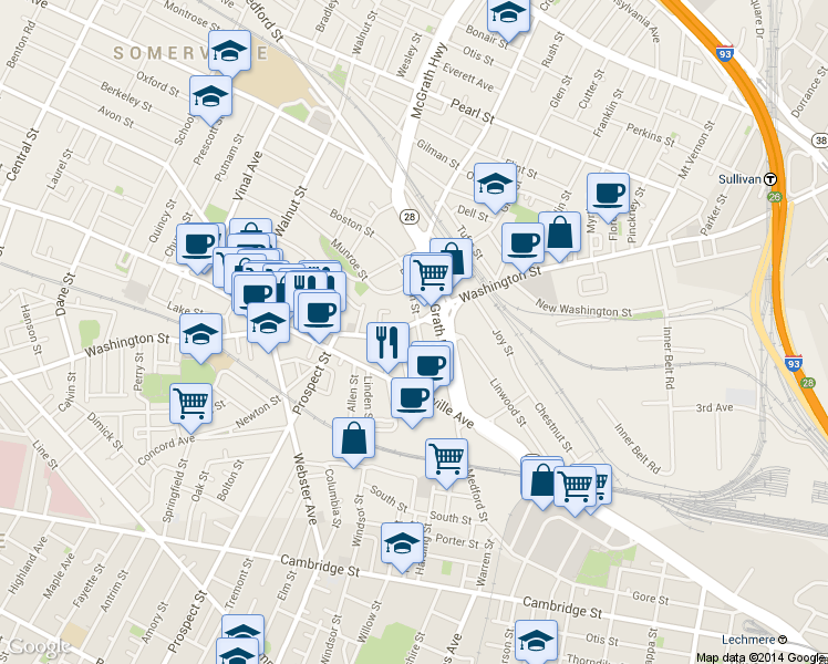 map of restaurants, bars, coffee shops, grocery stores, and more near 192 Washington Street in Somerville