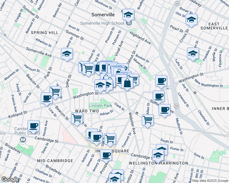 map of restaurants, bars, coffee shops, grocery stores, and more near 285 Washington Street in Somerville