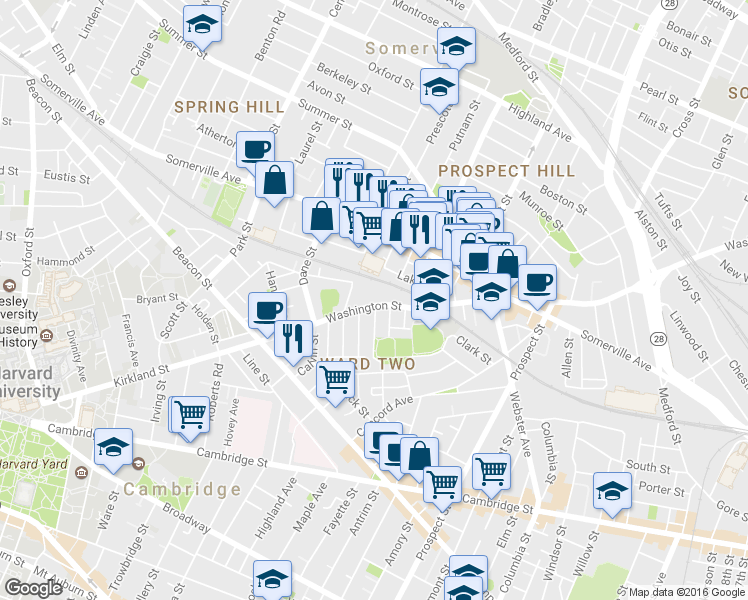 map of restaurants, bars, coffee shops, grocery stores, and more near 329 Washington Street in Somerville