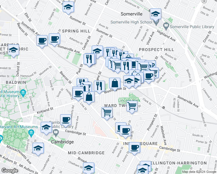 map of restaurants, bars, coffee shops, grocery stores, and more near 8 Leland Street in Somerville
