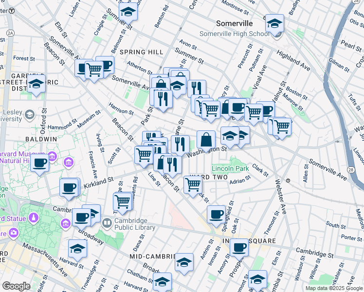 map of restaurants, bars, coffee shops, grocery stores, and more near 65 Dane Street in Somerville
