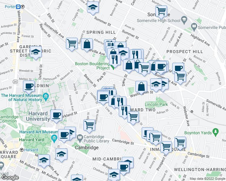 map of restaurants, bars, coffee shops, grocery stores, and more near 7 Durham Street in Somerville