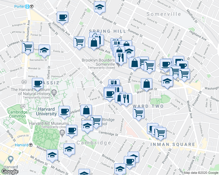 map of restaurants, bars, coffee shops, grocery stores, and more near 161 Beacon Street in Somerville